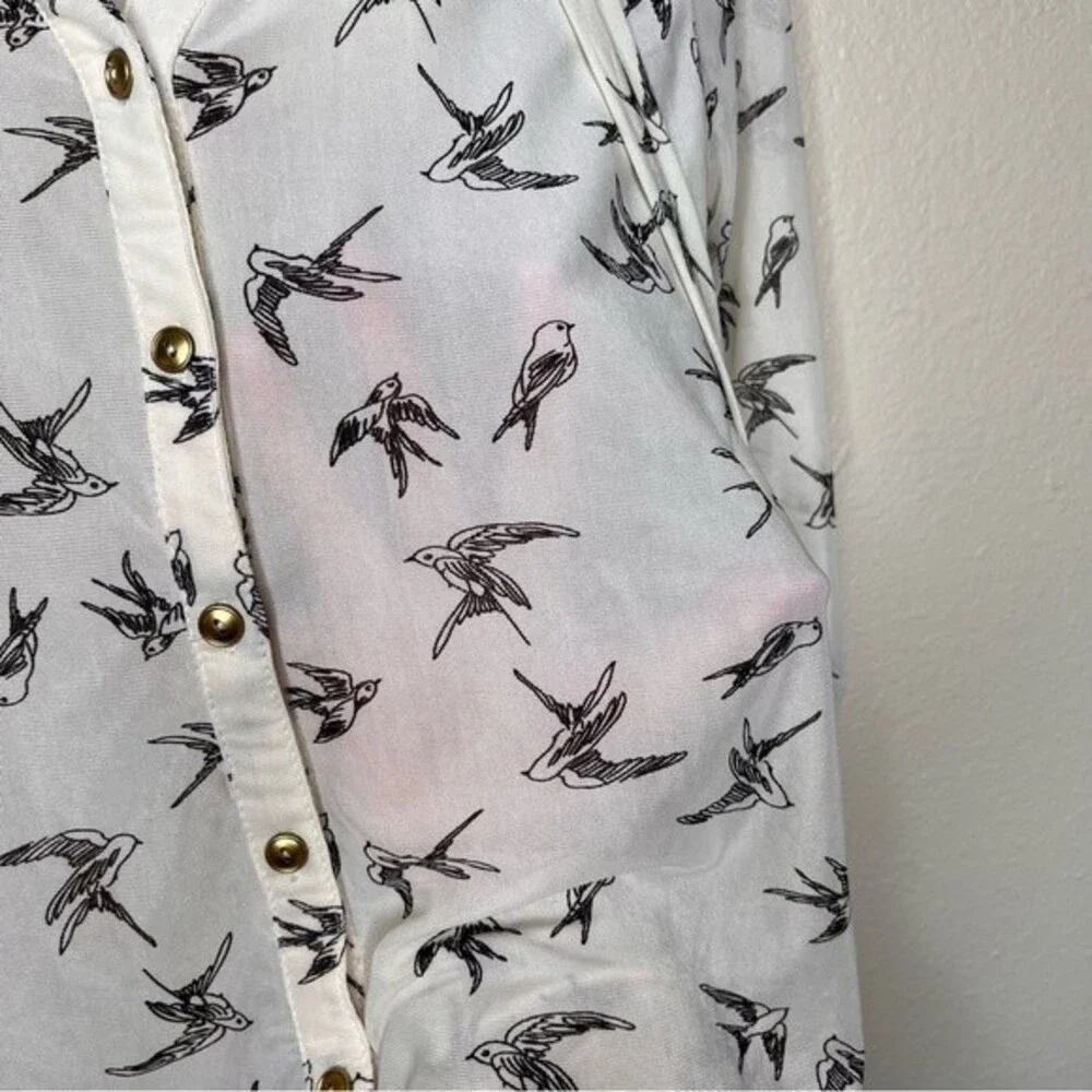 Siren Lily Bird Print Tie Neck Button Front Semi Sheer Cream Top Women Medium - Picture 5 of 13